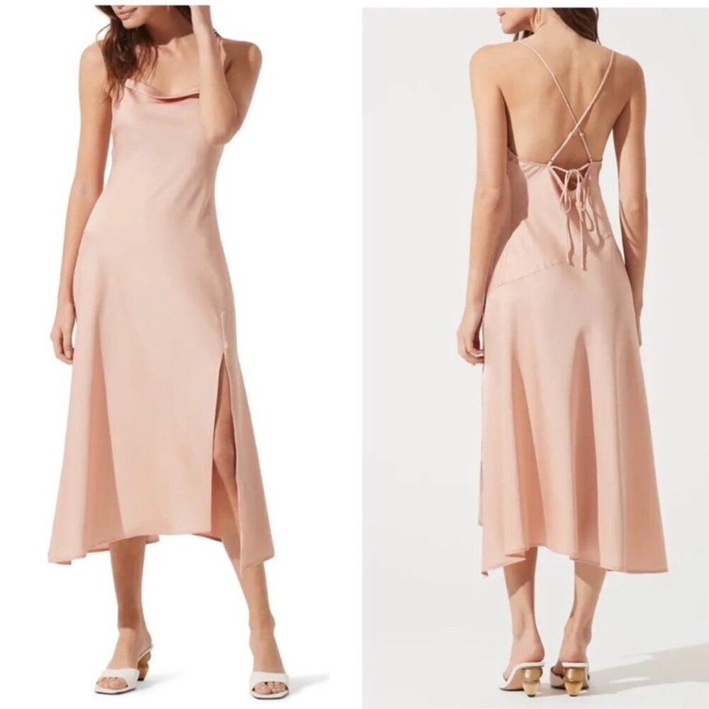 ASTR The Label Blush Satin Slip Dress with Criss Cross Back and Slit Size Medium - Picture 1 of 11